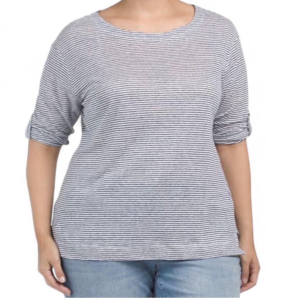 Adrienne Vittadini Plus 100% Linen 3/4 Sleeve Roll Tab Top 2X Tunic Striped Navy